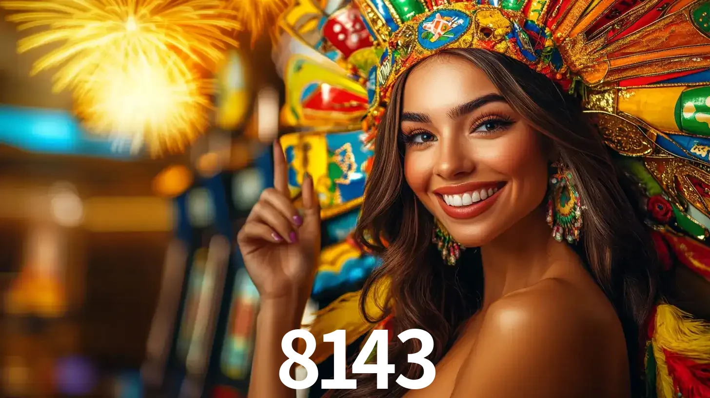 Mulher sorridente com um cocar de carnaval vibrante e colorido, celebrando uma grande vitória nos jogos do cassino 8143 com fogos de artifício ao fundo.