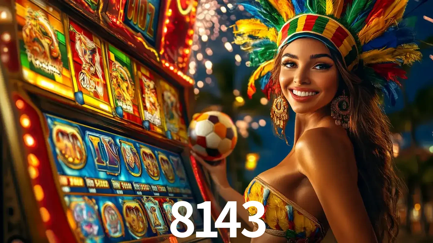 Mulher com um cocar de carnaval ao lado de uma máquina de caça-níqueis enquanto segura uma bola de futebol, mostrando a união da diversão de cassino e esportes no 8143.