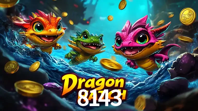 Arte promocional do jogo Dragon Hatch com três adoráveis dragões bebês nadando entre moedas de ouro, um dos slots mais divertidos para jogar no cassino 8143.