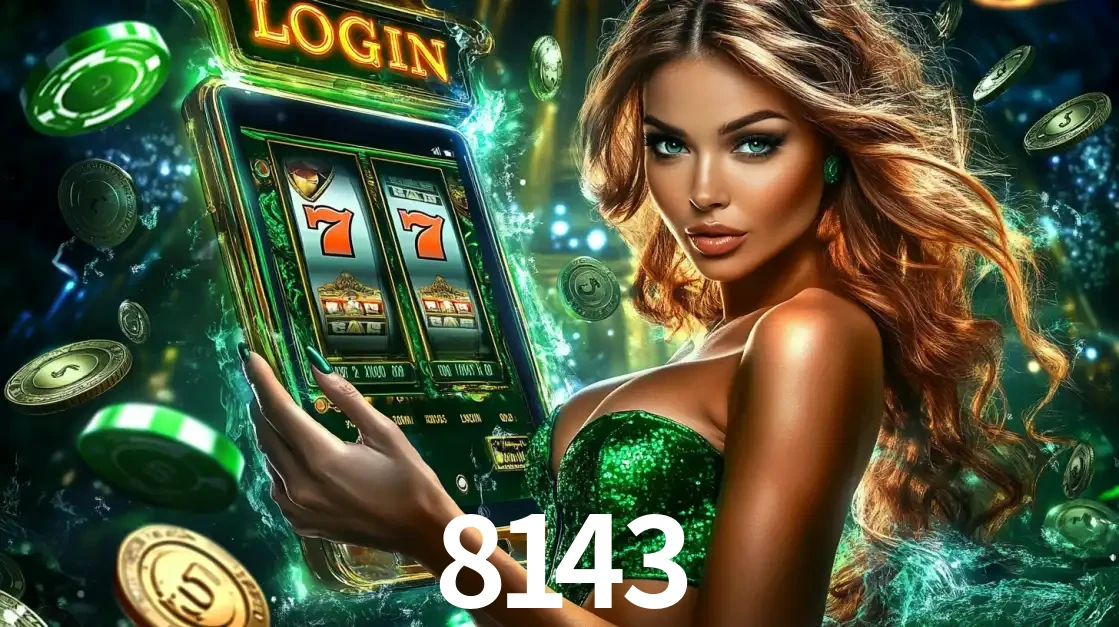 Mulher com tema verde apresentando o aplicativo do cassino 8143 com um jogo de slot de 777, cercada por fichas de cassino e uma aura de sorte.