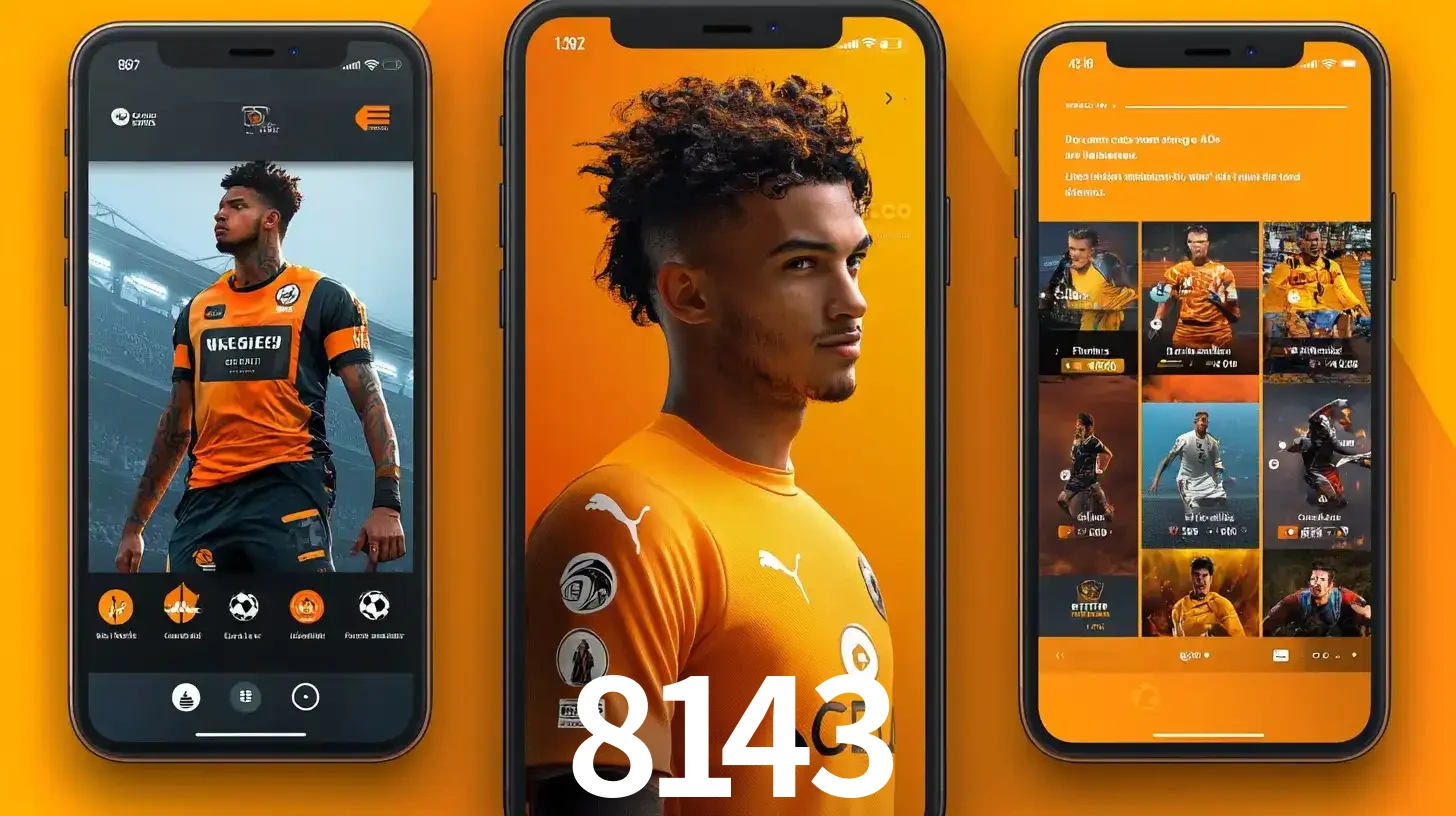 Interface do aplicativo de apostas esportivas 8143 em três telas de celular, mostrando o perfil de um jogador de futebol e a lista de jogos disponíveis para apostar.