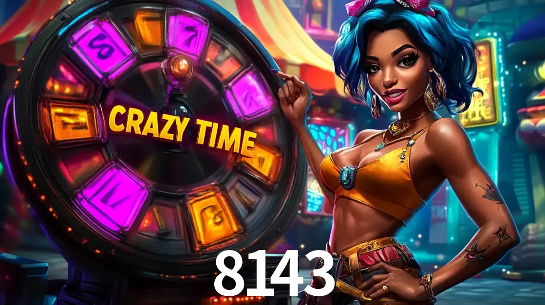 Mulher estilizada com cabelo azul e visual vibrante posando ao lado da roda de prêmios do game show Crazy Time, convidando para a diversão e os bônus do cassino 8143.
