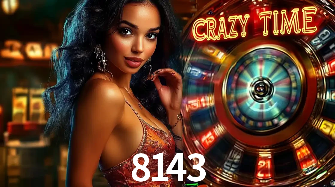 Mulher elegante ao lado da vibrante roda da fortuna do jogo de cassino ao vivo Crazy Time, um dos game shows mais populares e cheios de prêmios do 8143.