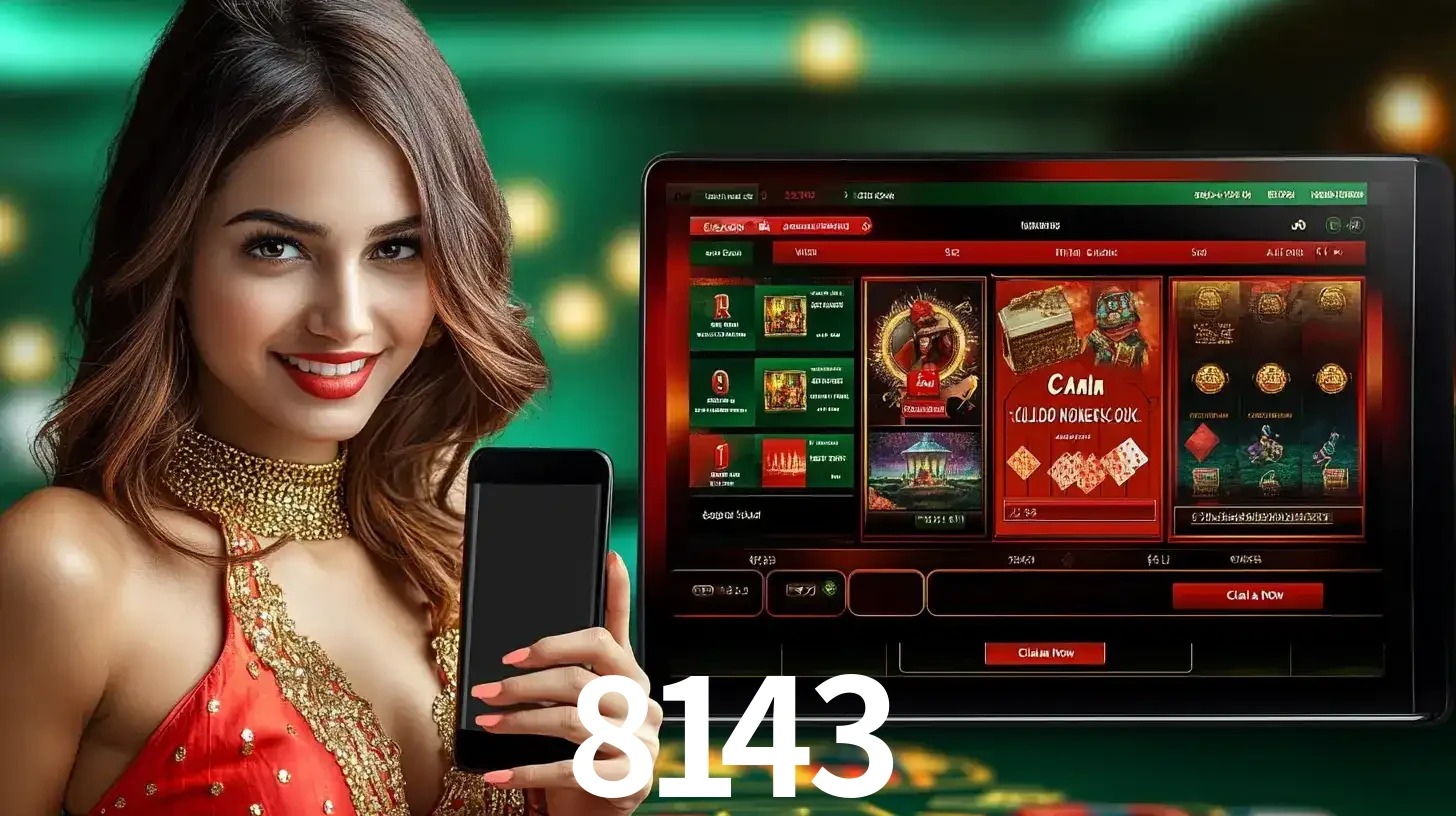 Mulher sorridente segurando um smartphone, ao lado de uma tela exibindo o lobby de jogos do cassino online 8143, com várias opções de jogos de cartas e slots.